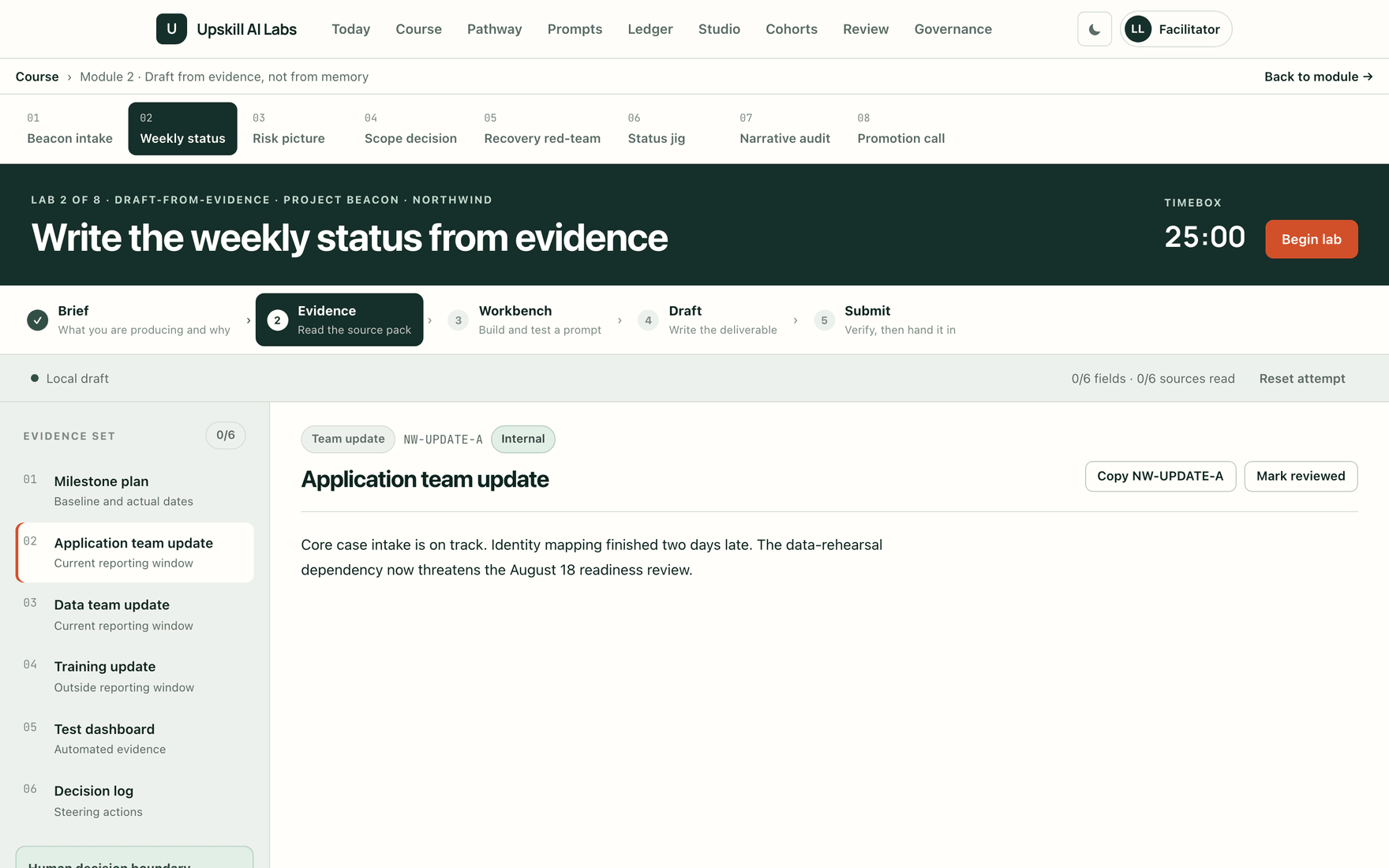 The Evidence stage of a lab showing a six-source evidence set and an open team update