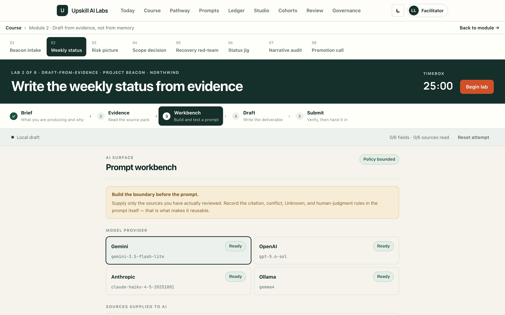 The prompt workbench showing four model providers and the sources supplied to the AI