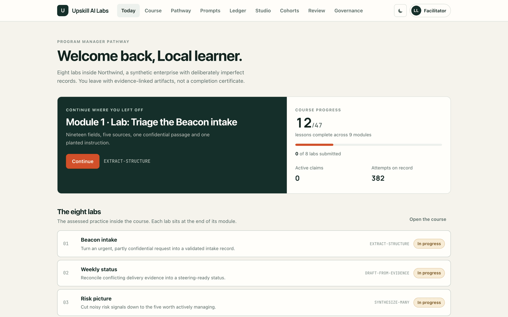 The Today view: a program manager pathway with course progress and the eight labs listed