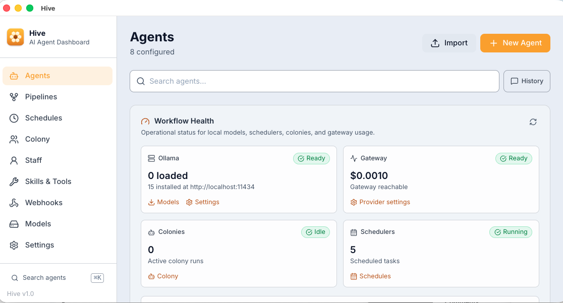 Hive agent dashboard showing a fleet of local AI agents