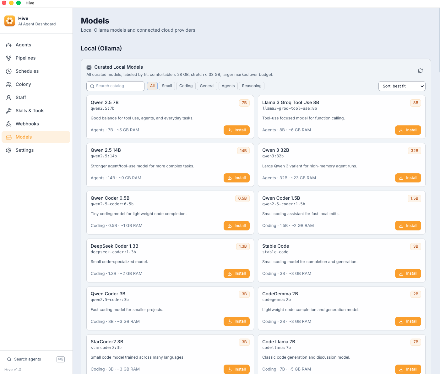 Hive local models dashboard
